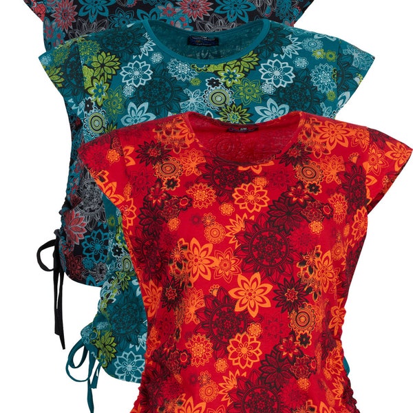 Short sleeve top Floral print top with cap sleeves red blue black handamde in Nepal