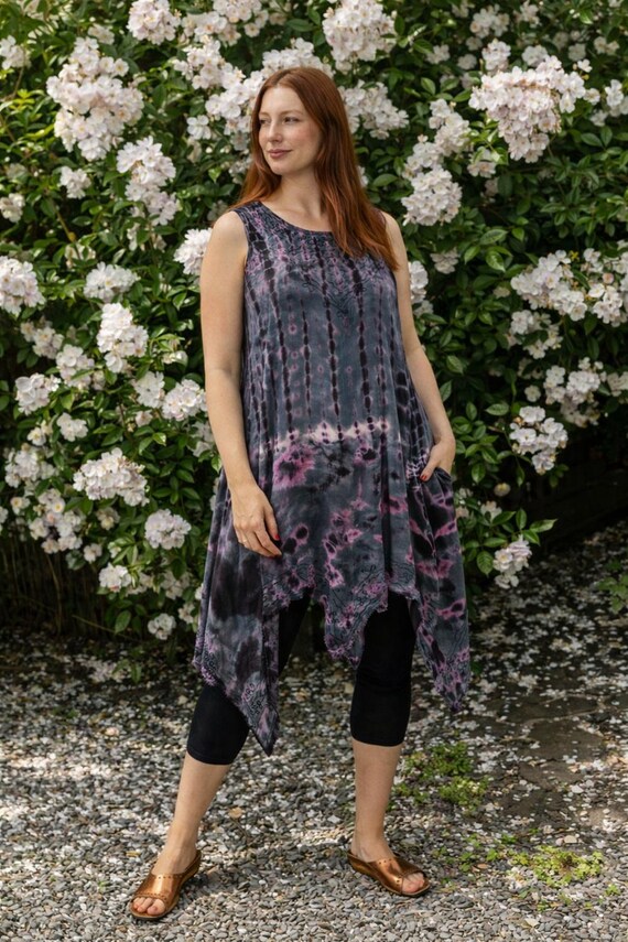 Cecily Tie Dye Dress - Boho Embroidered Maxi, Flowy Rayon Pixie Hem Dress, Handcrafted Festival Outfit, Plus Size Boho Style