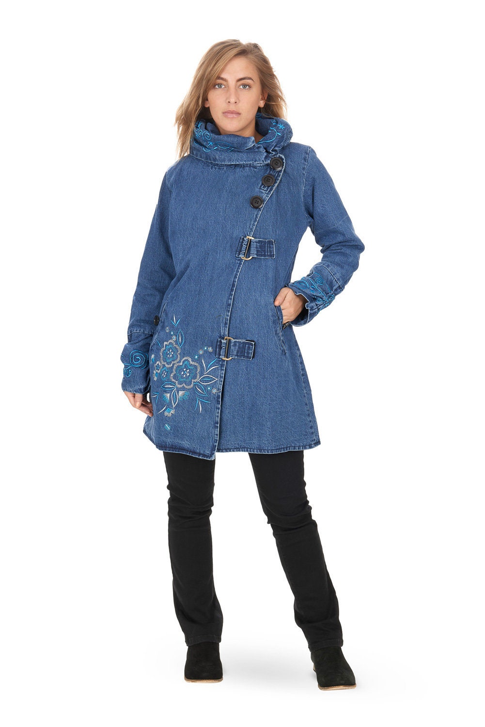 Image of Denim Boho Style Fleece Lined Winter Coat With Shawl Collar Italian Fashion Up To Plus Size