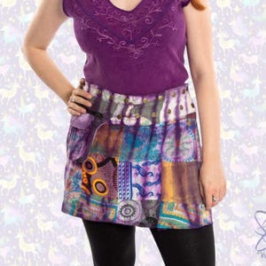 Purple Patchwork Pixie Skirt with Belt & Pocket, Bohemian Cotton image 3