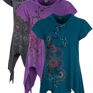 May include: Three short-sleeved hooded tunics in shades of grey, purple, and teal. Each tunic features a floral paisley design on the front. The tunics have a unique asymmetrical hemline.