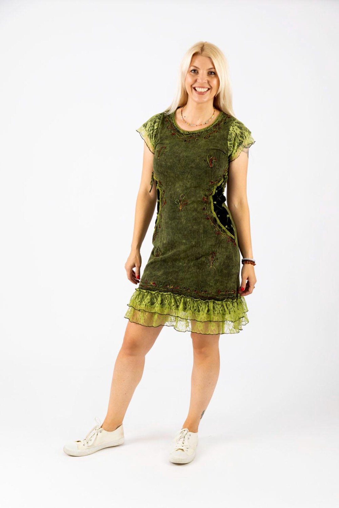 green lace boho dress Green Embroidered Boho Dress