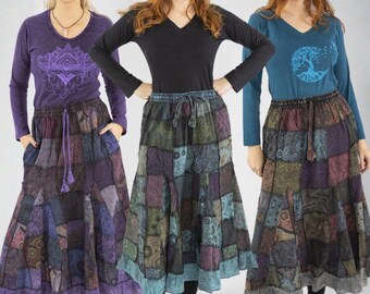 Patchwork-Maxirock mit Taschen – Boho-Stil mit Kordelzug in der Taille, langer Baumwollrock in großen Größen für Festivals