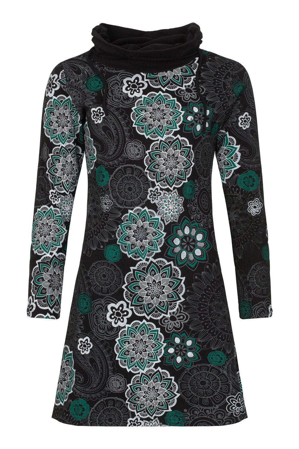 Image of New Bohemian Cowl Neck Fully Printed Long Sleeve Dress Citywear Hippie Work Clothes Up To Plus Size