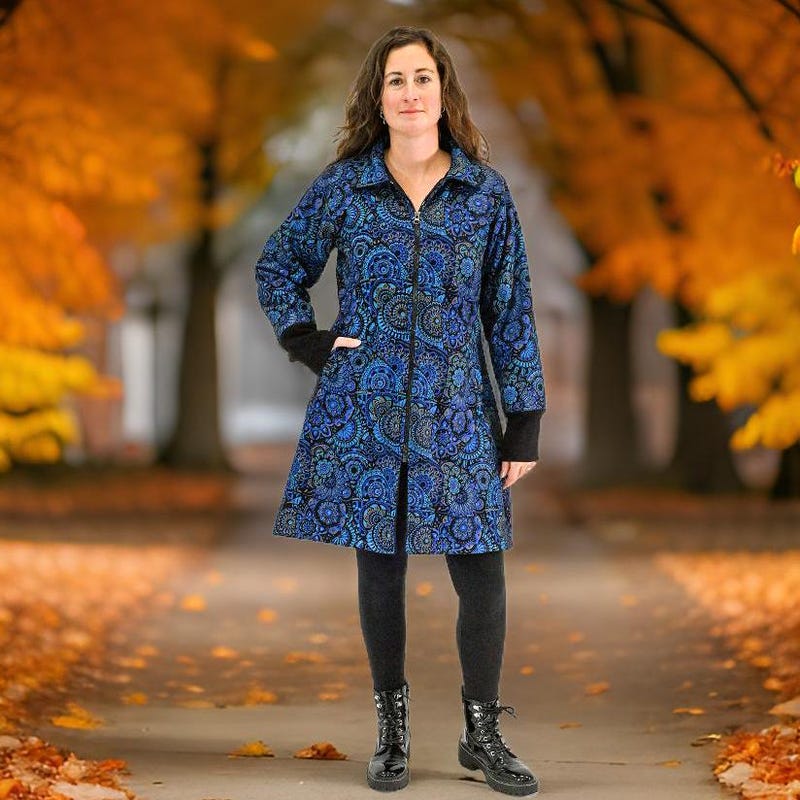 Blue Bohemian Cotton Short Coat With V Neck And Button Print Puff Sleeves For Autumn Outerwear main image 0