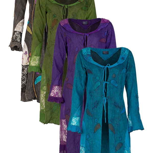 Veste longue païenne, manteau fixé à la main, vêtements de festival hippie et féerique, veste à capuche de sorcière lutin, faery fae, manteau bohème jusqu'à grande taille