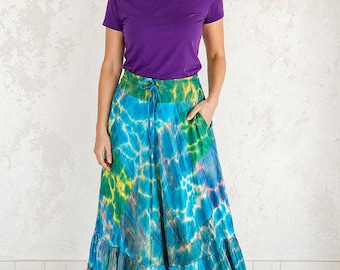 Ocean Blue Tie Dye Maxi Skirt with Pockets, Bohemian Patchwork Cotton Skirt