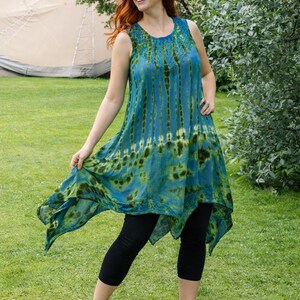 Cecily Tie Dye Dress – Boho Embroidered Maxi, Flowy Rayon Pixie Hem Dress, Handcrafted Festival Outfit, Plus Size Boho Style