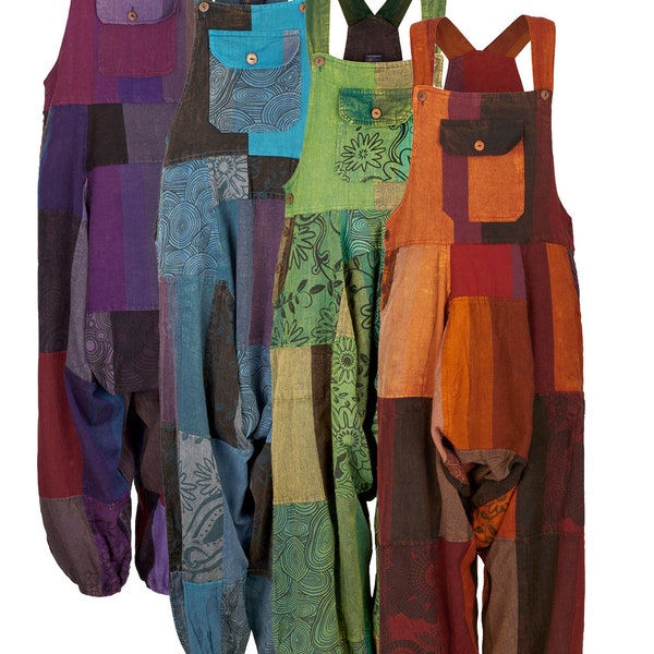 Patchwork Hippie Harem Dungarees: Cotton Overalls Jumpsuit with Pockets