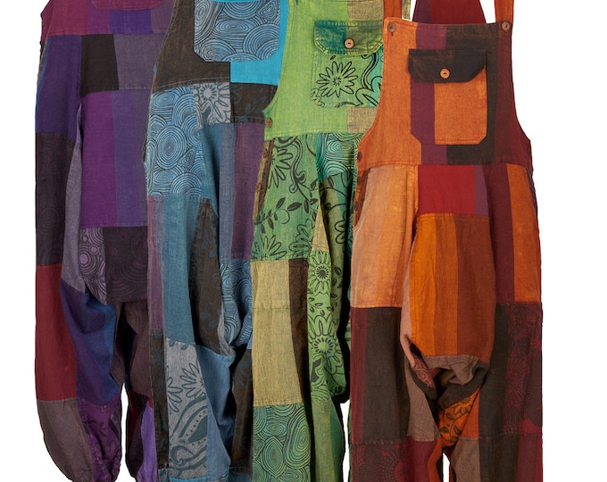 Patchwork Hippie Harem Dungarees: Cotton Overalls Jumpsuit with Pockets