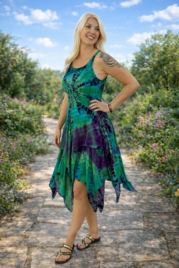 Hand-Dyed Tie Dye Rayon Pixie Dress - Adjustable Boho Festival Fairy Dress
