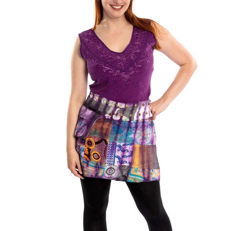 Purple Patchwork Pixie Skirt with Belt & Pocket, Bohemian Cotton image 4