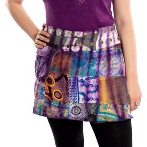 Gonna Pixie patchwork viola con cintura e tasca, cotone boho