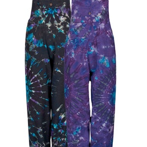 Unisex new tie dye long baggy dungarees hippie overalls extra long purple black festival romper