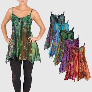 May include: A selection of patterned camisole tops with thin straps. The tops have a tie-up detail at the bust and an asymmetrical hemline. The colour palette includes green, blue, purple, and red hues. The tops are made of a lightweight fabric.
