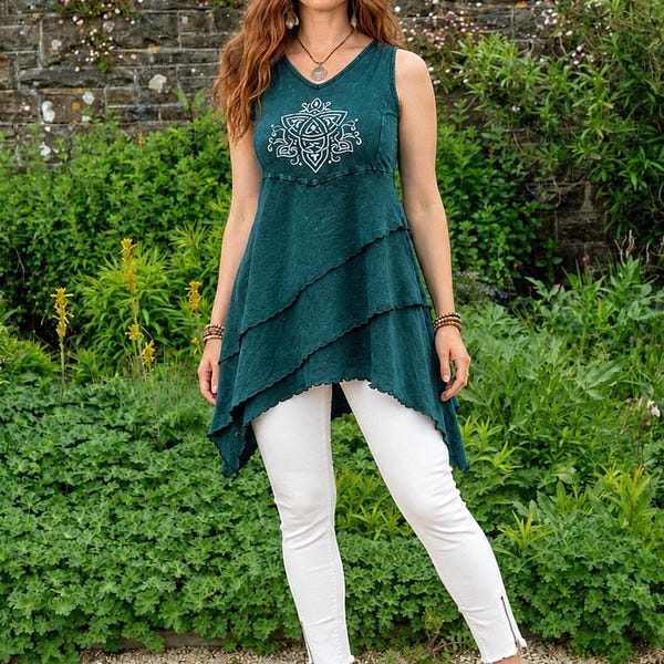 Anwen Celtic Boho Dress, Sleeveless Cotton Festival Dress, Asymmetric Tiered Dress, Stonewashed Jersey Alternative Clothing