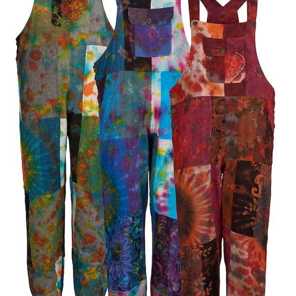 Hippie tie dye patchwork dungarees - up to PLUS size