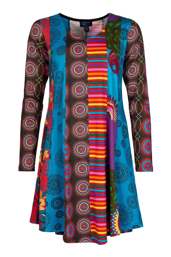 Patchwork Print Cotton Dress - Colorful Long Sleeve Umbrella Dress