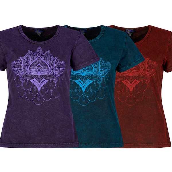 Lotus Print Cotton Top: Short Sleeve, Stonewashed, Plus Size