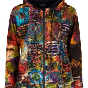 May include: A colorful hooded jacket with a zipper closure and a tie-dye pattern. The jacket has a variety of colorful patterns and designs, including circles, flowers, and geometric shapes.