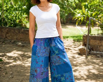 Patchwork Wide Leg Cotton Trousers | Bohemian Hippie Pants