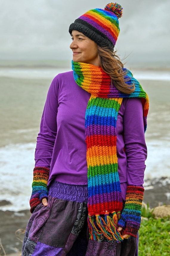 New Long Rainbow Wool Scarf by Wicked Dragon Hippie Winter