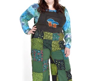 Patchwork HIPPIE mushroom FLARED Dungarees OVERALLS  with pockets jumpsuit romper several sizes purple blue