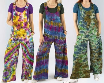 Tie-Dye Dungarees – Wide Leg Cotton Overalls, Boho Hippie with Pockets