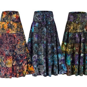 New celestial tiered maxi skirt sun moon print purple blue multicolour hippie festival full skirt pagan style clothes small to plus size xxl
