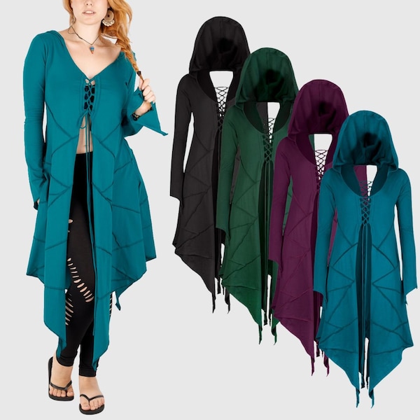 New PAGAN style witchy long pixie hooded FESTIVAL top with lacing psy trance clothes up to PLUS size