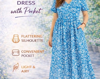 Iona Midikleid mit ausgestelltem Rock und Taschen | 100 % Baumwolle, geblümtes Empirekleid mit Taillenbund | Boho-V-Ausschnitt