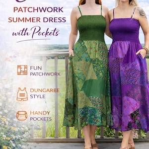 May include: Two women wearing patchwork summer dresses with pockets. The dresses are green and purple, with a smocked bodice and spaghetti straps. The text on the image says "Cora Patchwork Summer Dress with Pockets."
