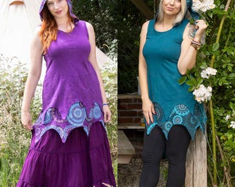 Sylvie Hooded Tunic | Long Pixie Hood | Mandala Print | Boho Festival Top with Pockets