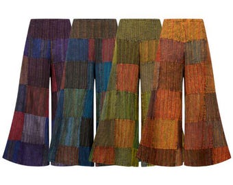 Uitlopende broek met patchwork klimop, wijde boho-katoenen broek, elastische tailleband aan de achterkant