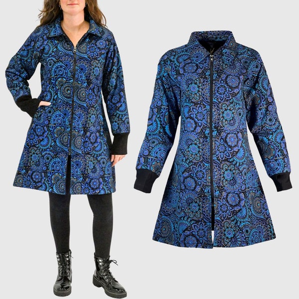 New bohemian coat fleece lined blue mandala print coat in Small Medium Large and Plus Size handmade flared flattering vintage coat