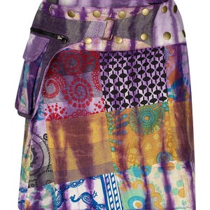 Purple Patchwork Pixie Skirt with Belt & Pocket, Bohemian Cotton image 2