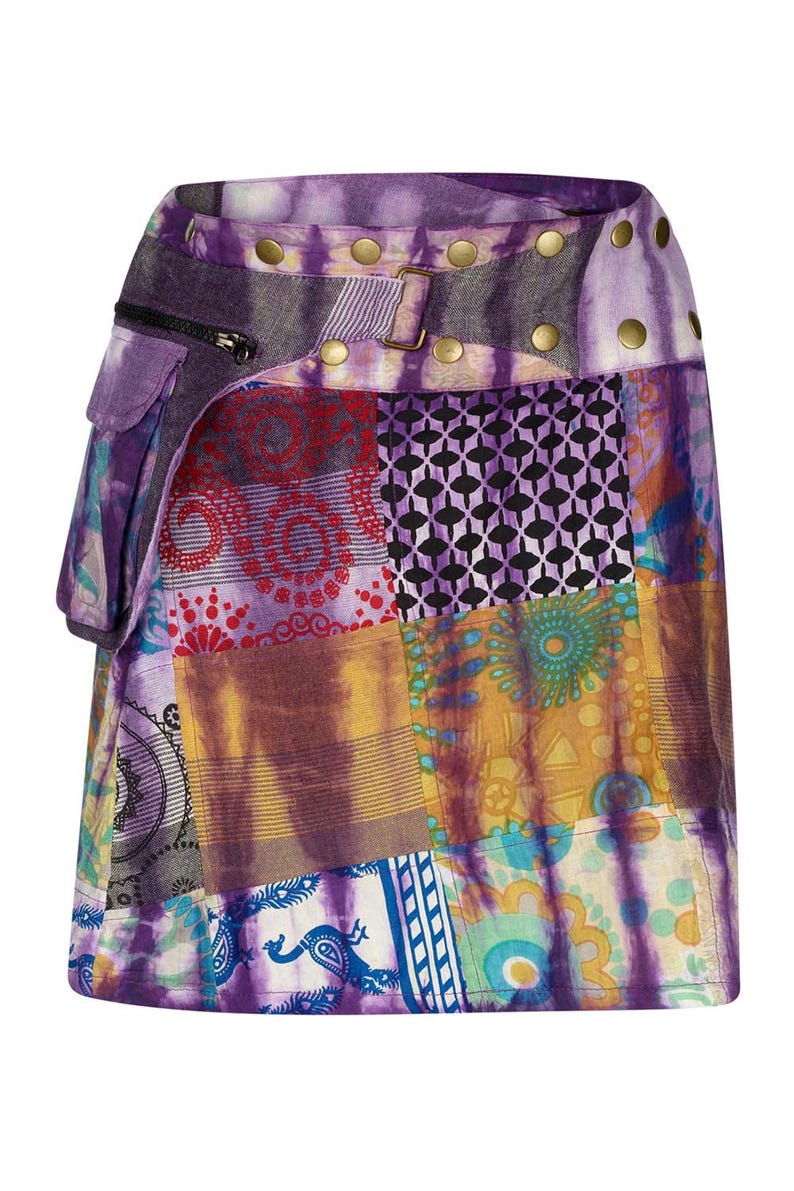 Purple Patchwork Pixie Skirt with Belt & Pocket, Bohemian Cotton image 2