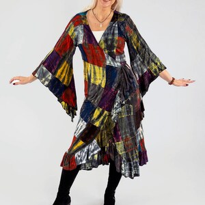 Emery Bell-ärm, lång cardigan med fickor | Boho lapptäcke, tie dye-klänning