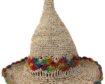 Sombrero de mago de cáñamo con ribete arcoíris, sombrero de verano de comercio justo