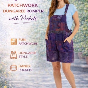 Patchwork Cotton Dungaree Romper Shorts: Purple Funky Playsuit
