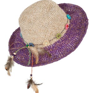 PURPLE HEMP HAT wire brim flower and feather hat festival handmade in Nepal summer sustainable material hat fair trade