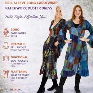 Peut inclure: Deux femmes portant des robes longues en patchwork avec des manches évasées. Les robes ont une taille portefeuille et des poches latérales. Le texte "Emery" et "Shop Now" sont inclus.