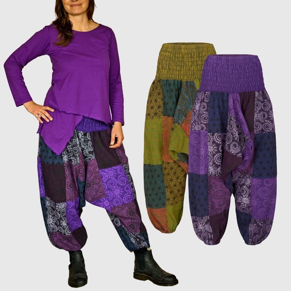 Long patchwork harem trousers Purple Green drop crotch hippie pants fair trade patchwork unisex pants