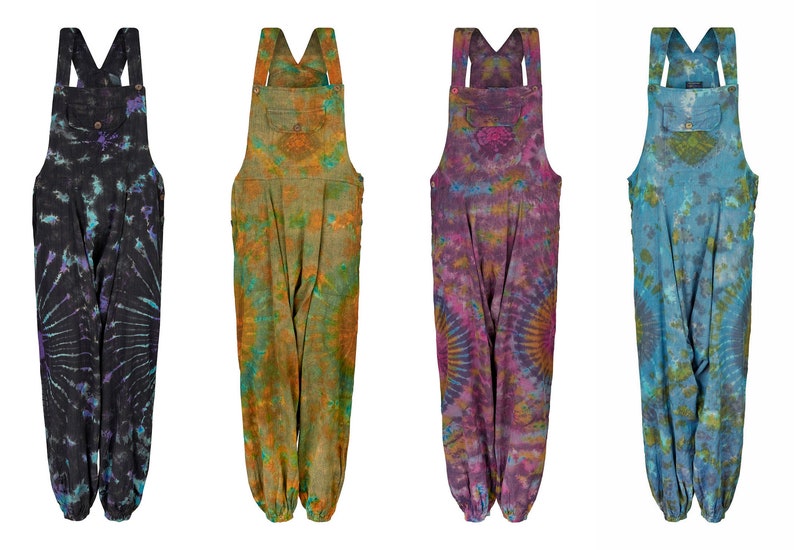 New HIPPIE TIE DYE harem dungarees with pockets festival clothes unisex hippy clothing up to regular and plus size 