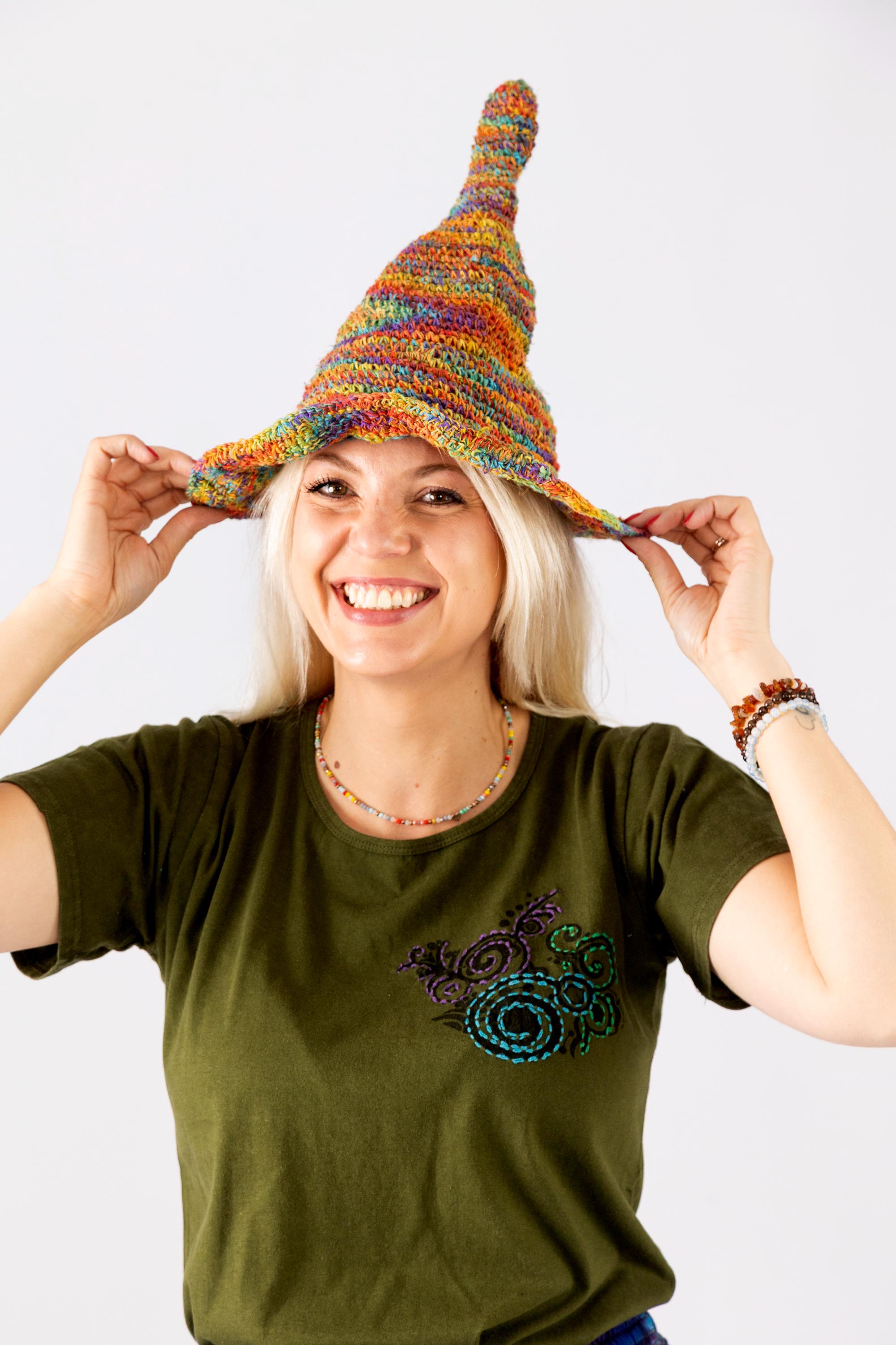 Hemp Rainbow Wire Brim Pointy Pixie Hat | Handmade in Nepal | Adjustable & Foldable Boho Hat