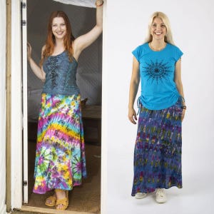 Luna Tie Dye Maxi Skirt with Pockets from Small up to Plus Size Goddess Pagan Skirt Hippie Print Long