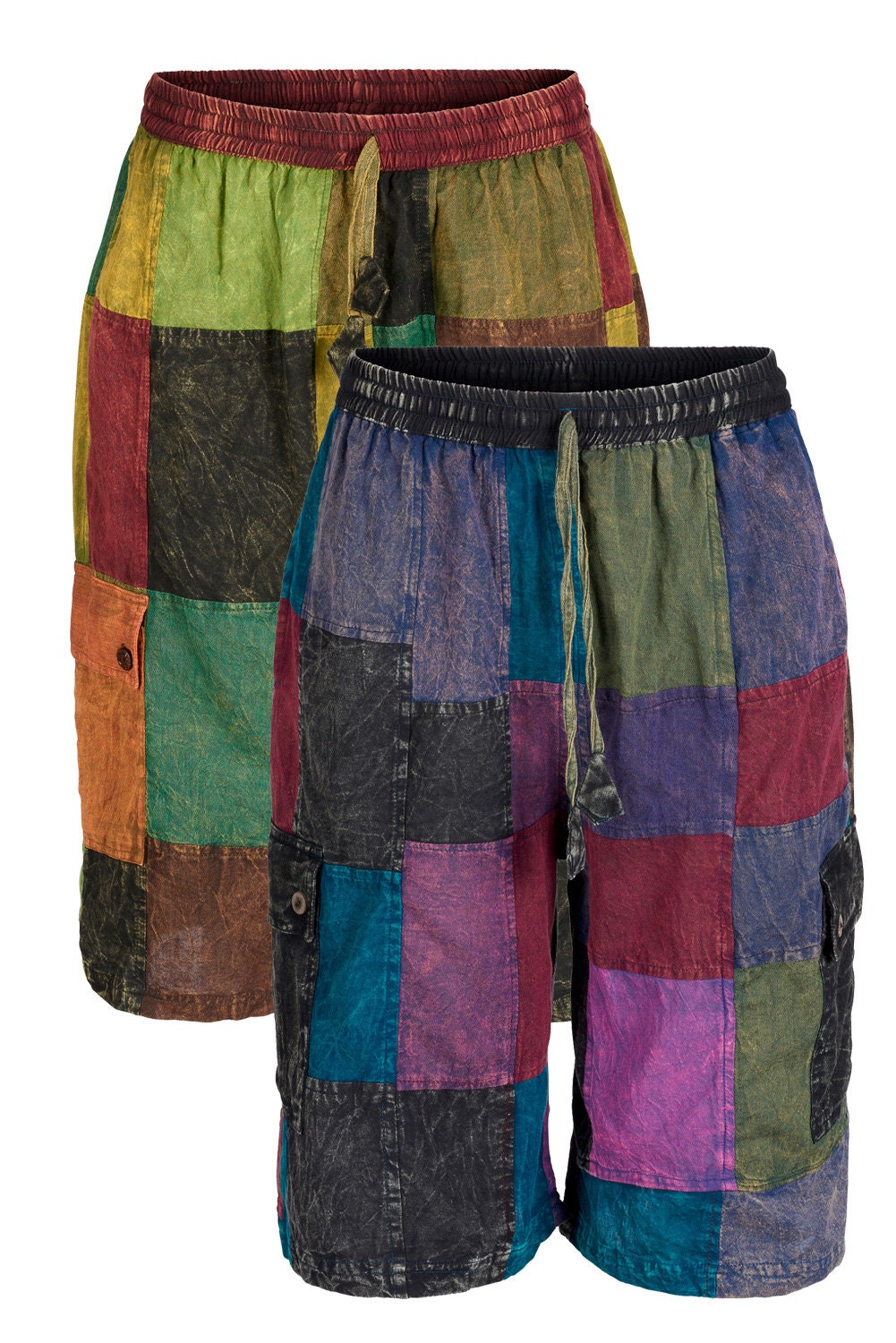 Image of Unisex Hippie Patchwork Cargo Shorts With Pockets Up To Xxl Size Festival Clothes