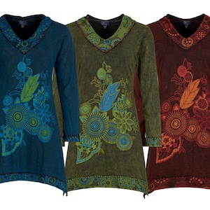 Long sleeve stonewash hooded pixie dress tunic PAGAN style tunic with lacing HIPPIE clothes up to PLUS size