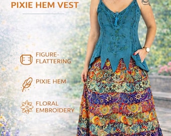 Boho Pixie Corset Top – Turquoise Small/Medium size Embroidered Cotton Vest