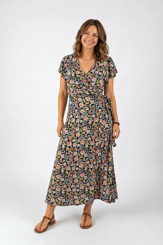 plus size bohemian wrap dress Adrianna Papell Plus Size Chiffon Printed High-Low Midi Dress - Brown Multi